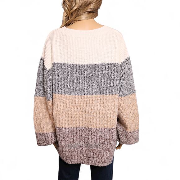 Pink Lily Oversized Colorblock Striped Chunky Knit Balloon Sleeve Sweater Size M - Picture 4 of 8